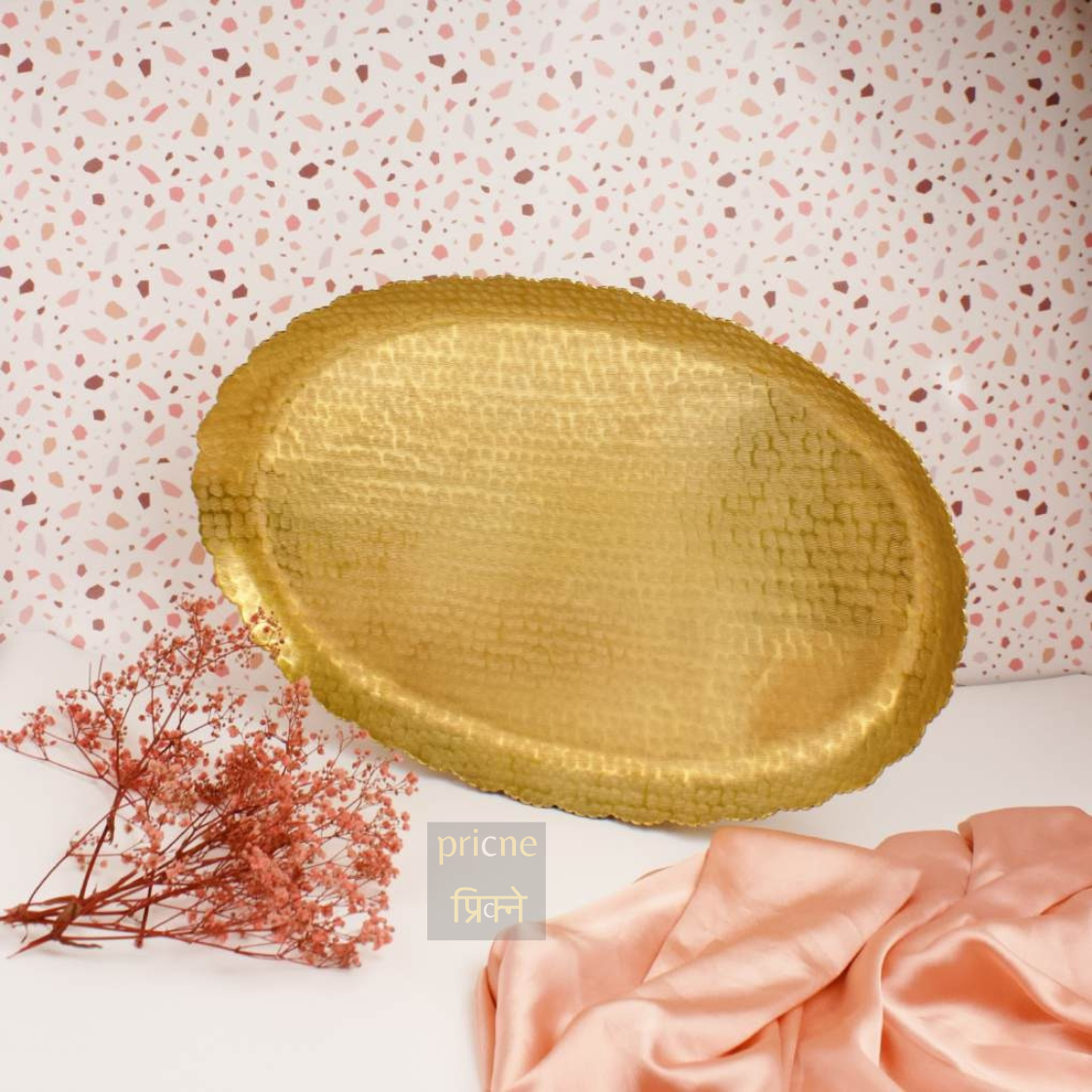 Nail Scratched Gold Serving Tray - Pure Gold Matte Oval Zigzag Edges