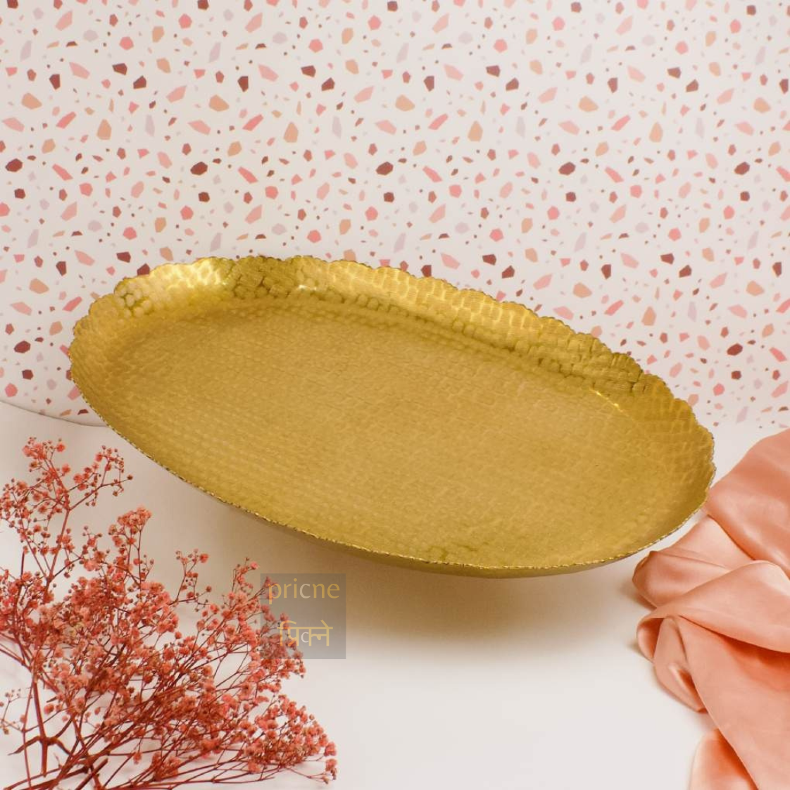 Nail Scratched Gold Serving Tray - Pure Gold Matte Oval Zigzag Edges