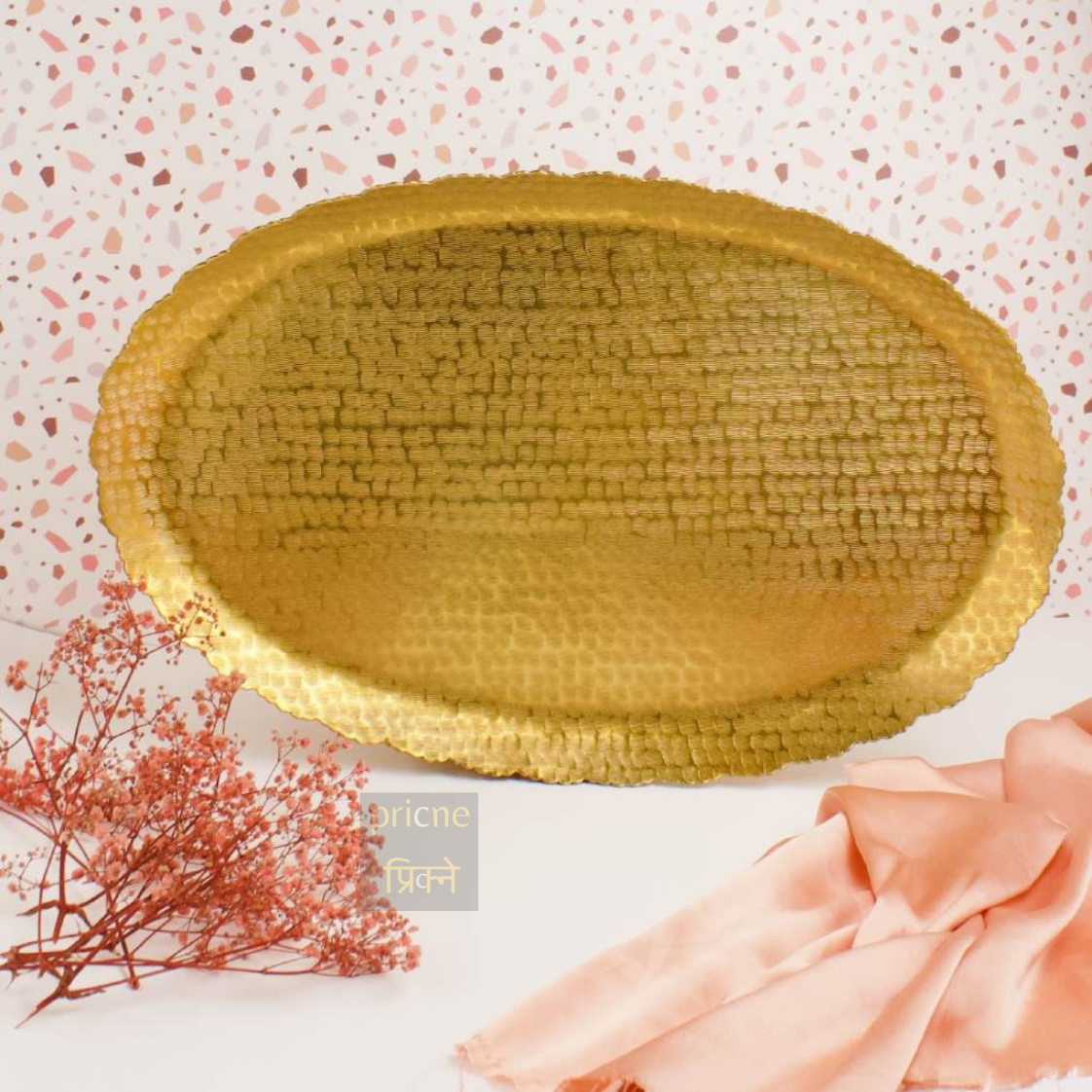 Nail Scratched Gold Serving Tray - Pure Gold Matte Oval Zigzag Edges