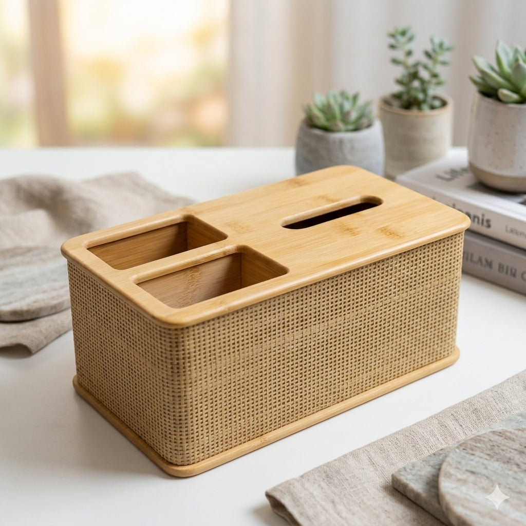 Bui Eco-Friendly Bamboo & Rattan Multi-Functional Tissue Box Organizer