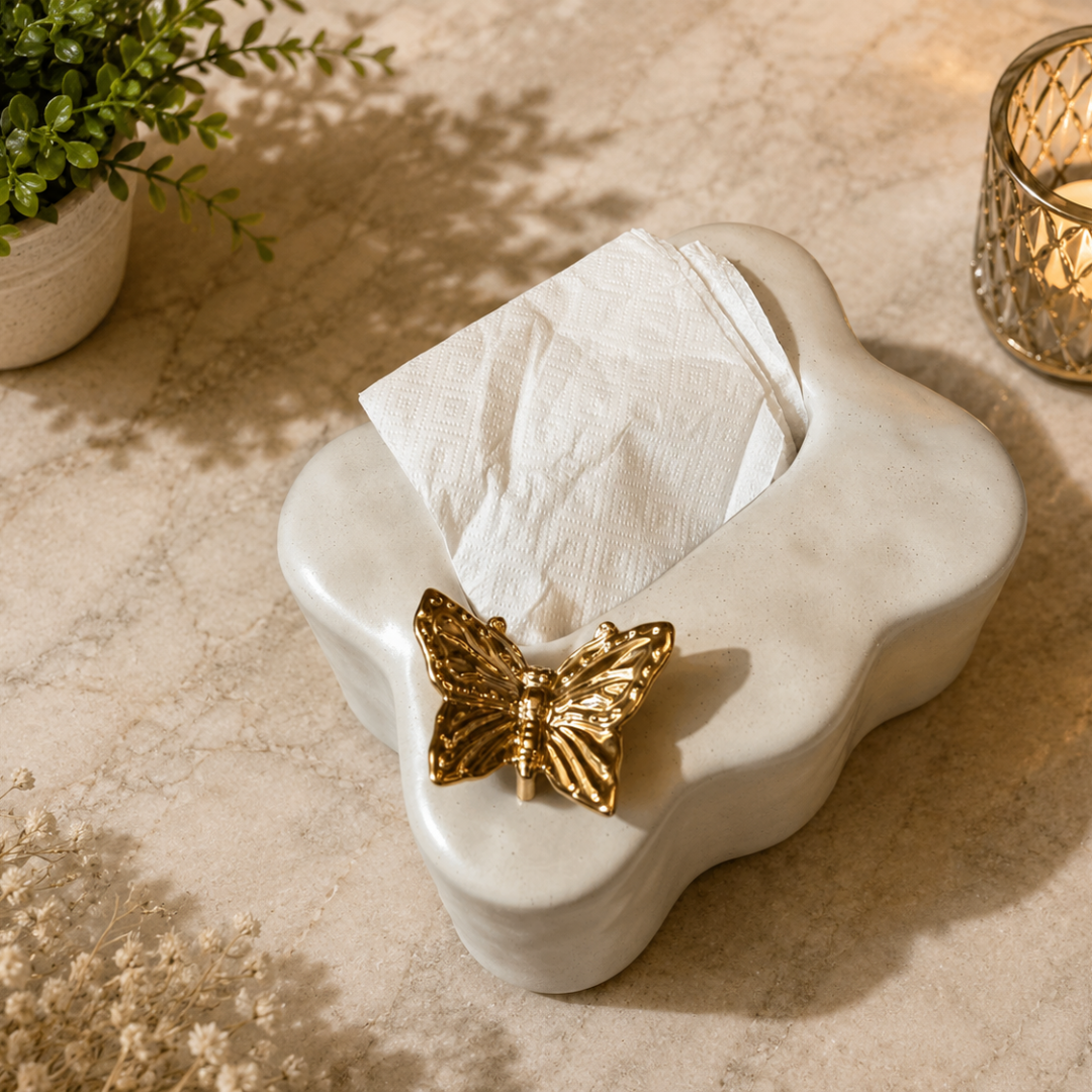 Anima Clay Colour Ceramic Tissue Box with Golden Butterfly Grey Matte