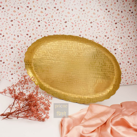 Nail Scratched Gold Serving Tray - Pure Gold Matte Oval Zigzag Edges