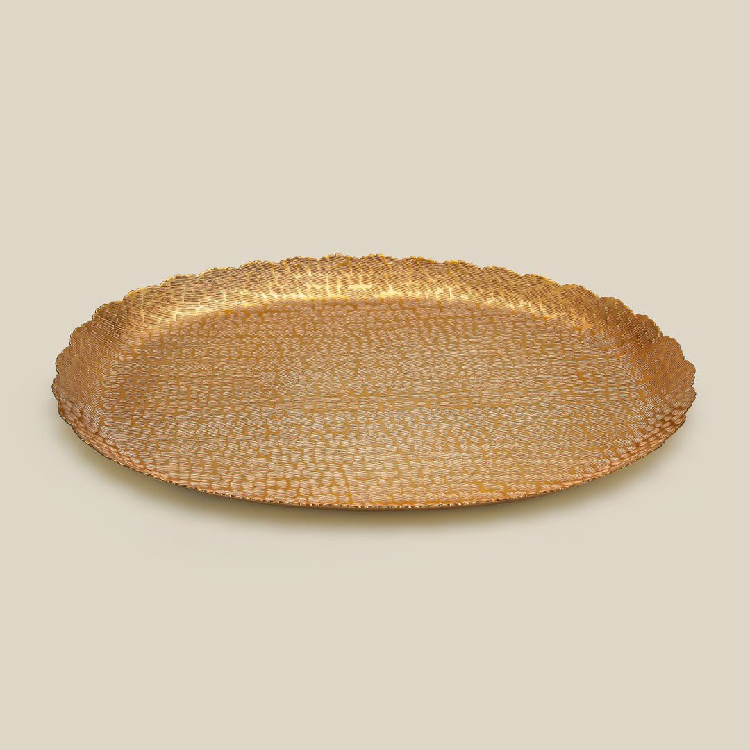 Nail Scratched Gold Serving Tray - Pure Gold Matte Oval Zigzag Edges