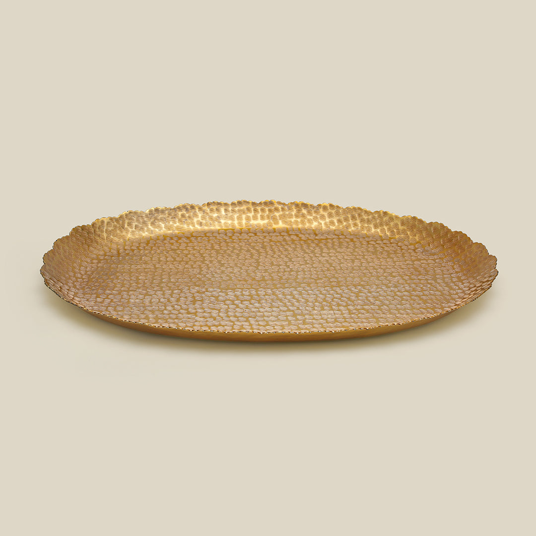 Nail Scratched Gold Serving Tray - Pure Gold Matte Oval Zigzag Edges