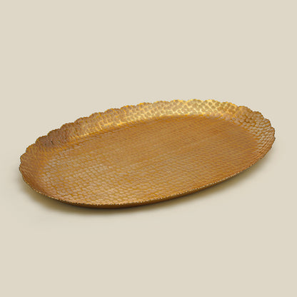 Nail Scratched Gold Serving Tray - Pure Gold Matte Oval Zigzag Edges