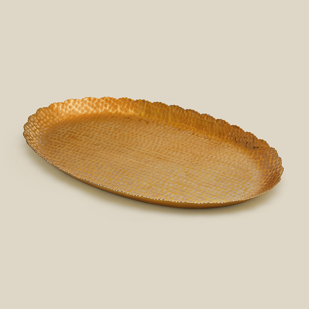 Nail Scratched Gold Serving Tray - Pure Gold Matte Oval Zigzag Edges