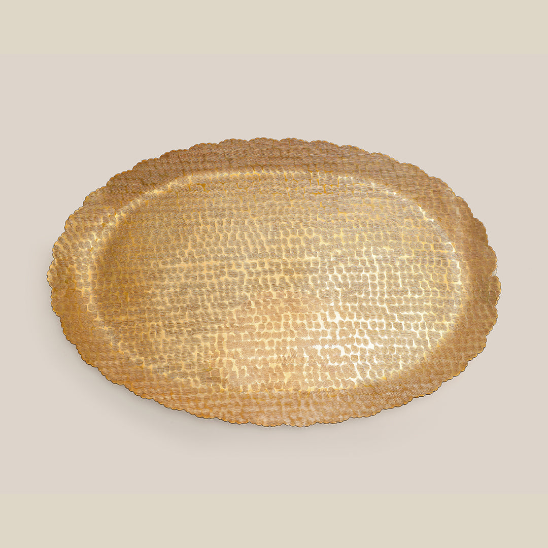 Nail Scratched Gold Serving Tray - Pure Gold Matte Oval Zigzag Edges