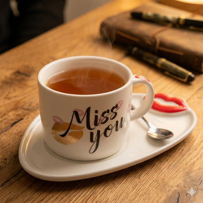 Amour Kiss and Miss Ceramic Tea Set Including Cup, Teaspoon and Platter  Pink