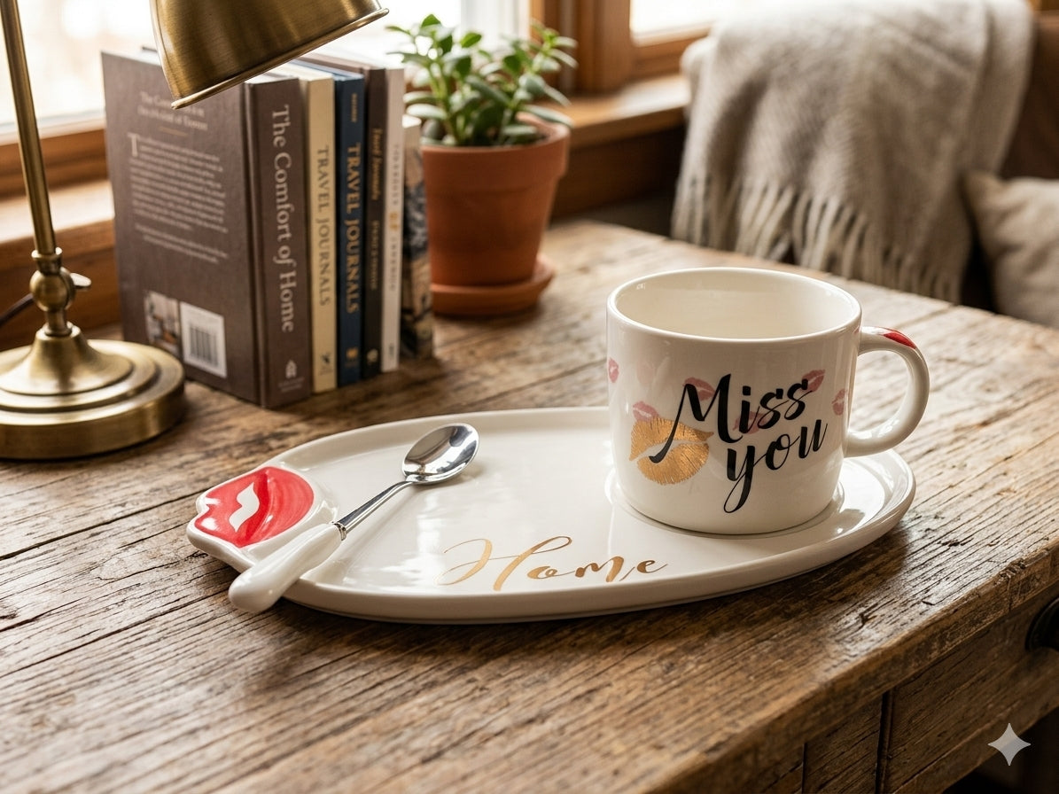 Amour Kiss and Miss Ceramic Tea Set Including Cup, Teaspoon and Platter  Pink