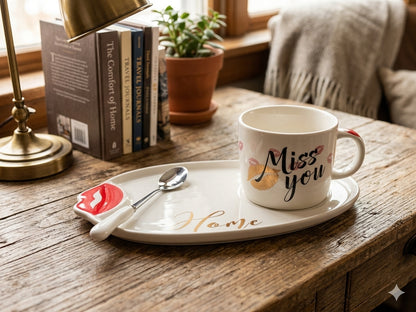 Amour Kiss and Miss Ceramic Tea Set Including Cup, Teaspoon and Platter  Pink