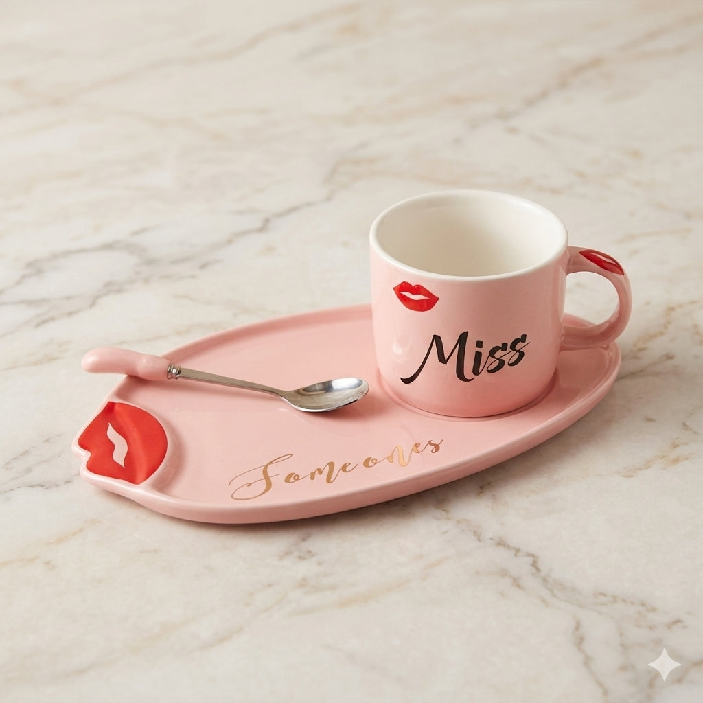 Amour Kiss and Miss Ceramic Tea Set Including Cup, Teaspoon and Platter  Pink