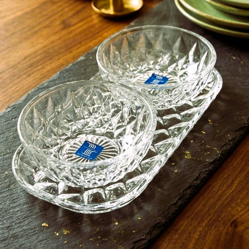 Molla Diamond Style Glass Tea Set of 3 (2 Bowls and 1 Platter)  Clear