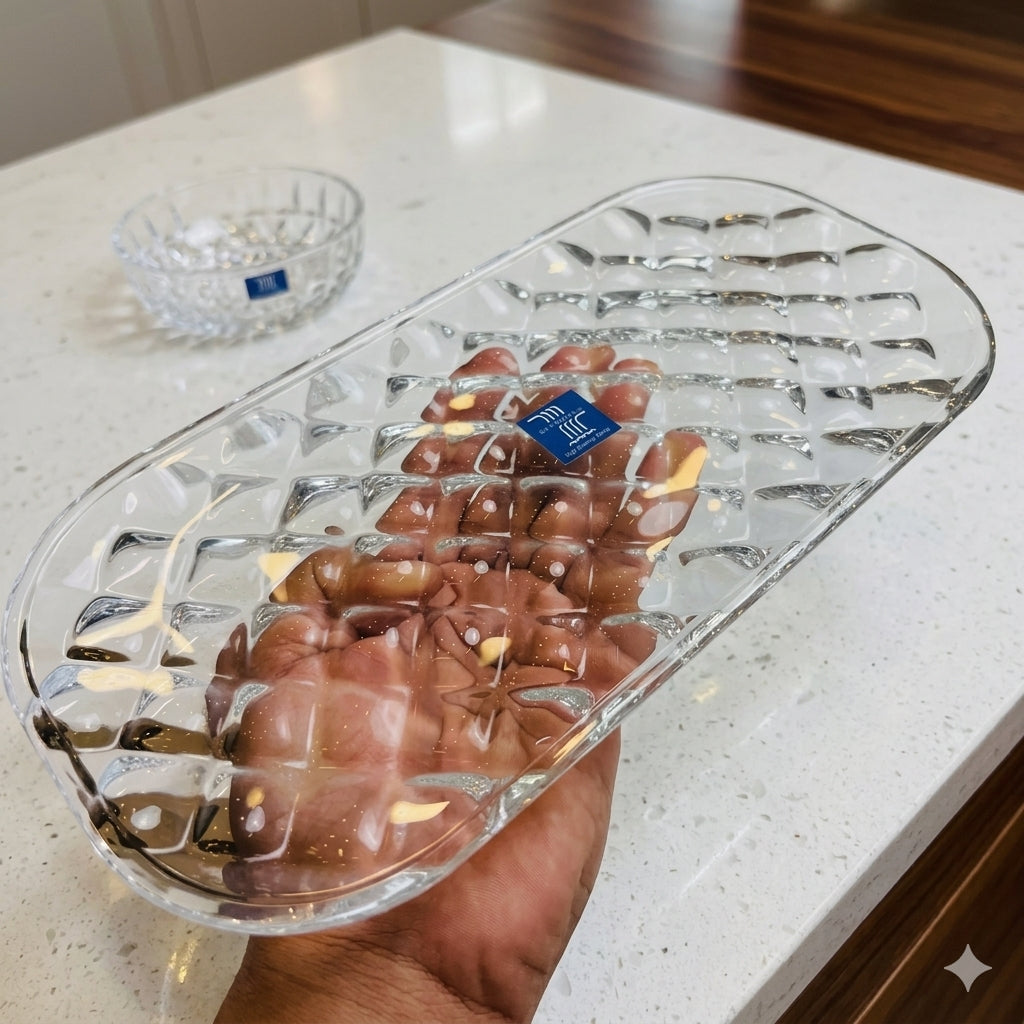 Molla Diamond Style Glass Tea Set of 3 (2 Bowls and 1 Platter)  Clear