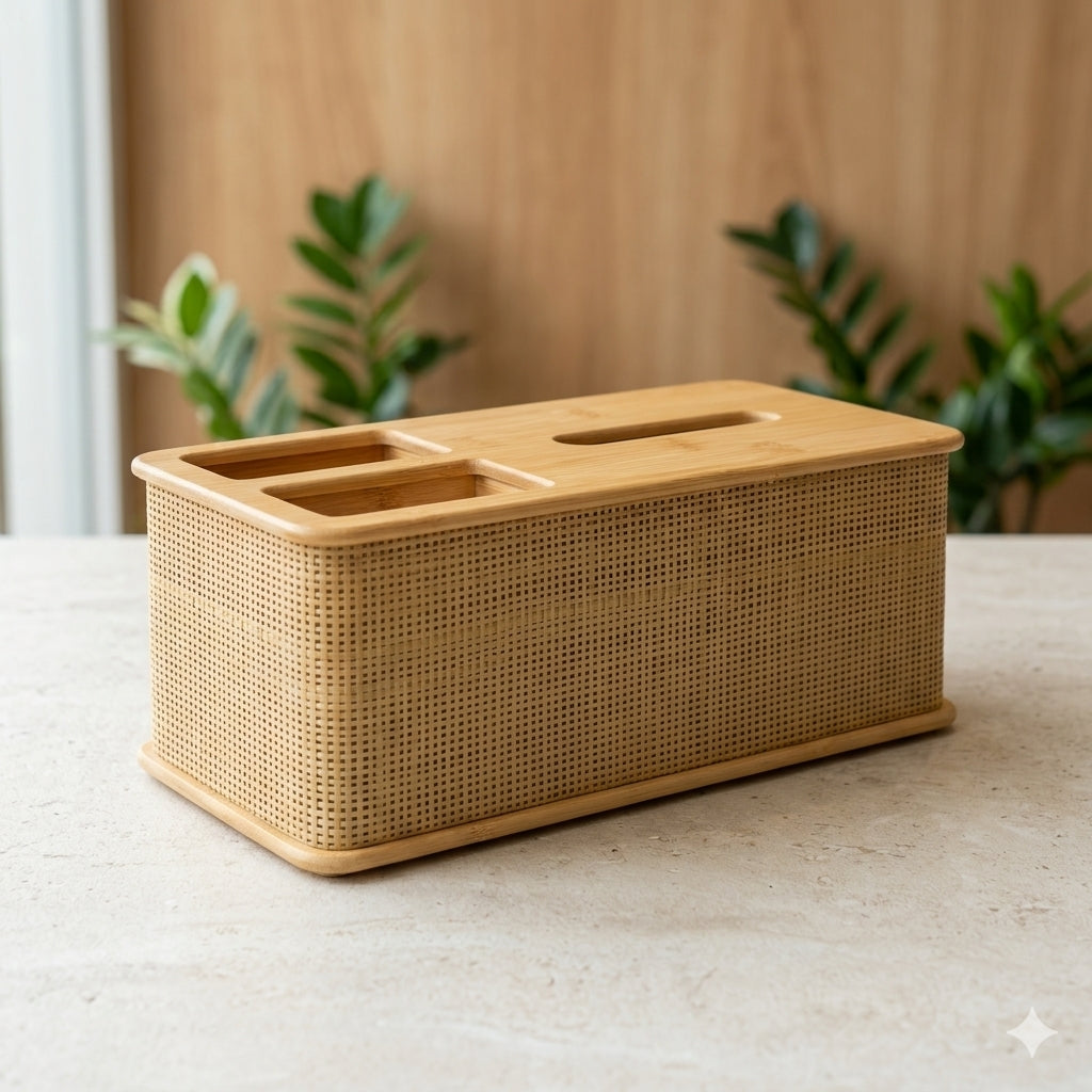 Bui Eco-Friendly Bamboo & Rattan Multi-Functional Tissue Box Organizer