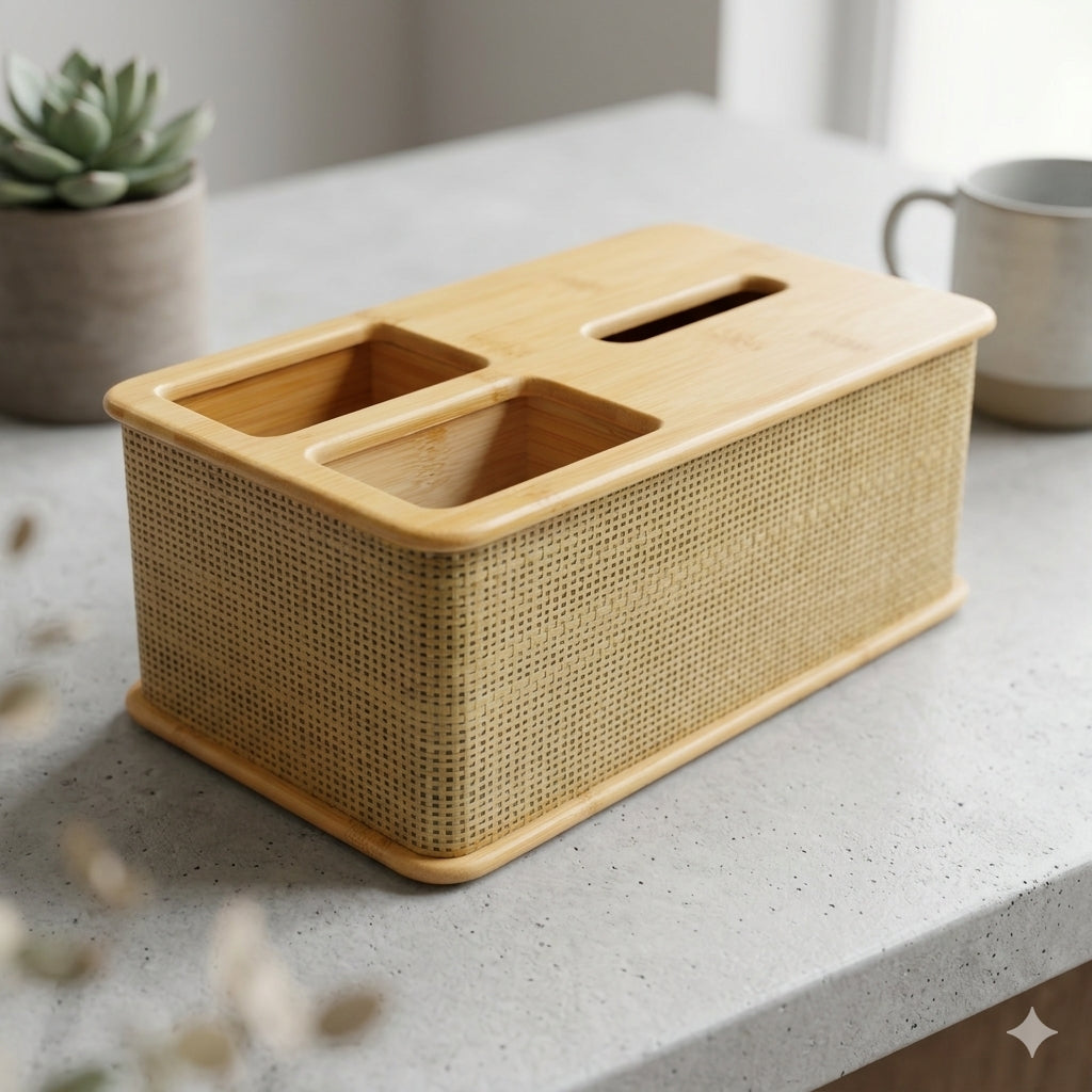 Bui Eco-Friendly Bamboo & Rattan Multi-Functional Tissue Box Organizer