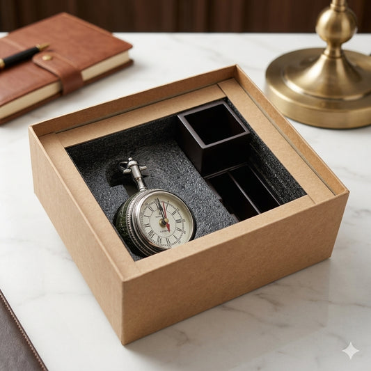 Premium Leather-Texture Table Clock and Mobile/Pen Stand Gift Box
