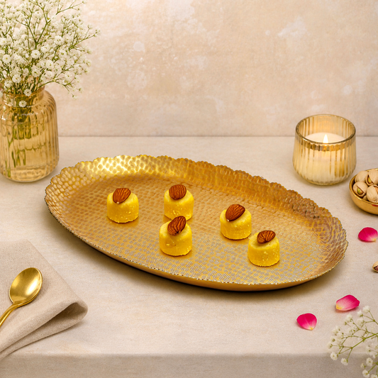 Nail Scratched Gold Serving Tray - Pure Gold Matte Oval Zigzag Edges