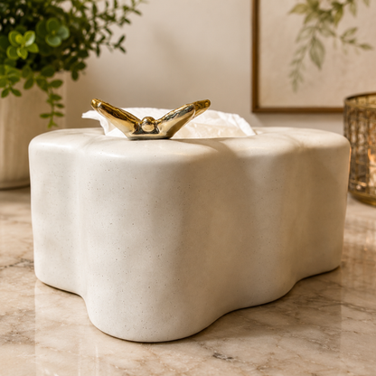 Anima Clay Colour Ceramic Tissue Box with Golden Butterfly  Grey Matte