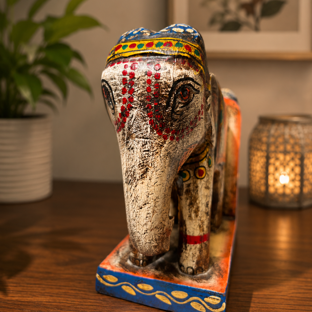 Anima Wooden Handmade Handpainted Jodhpuri Antique Elephant Book End Pair  White