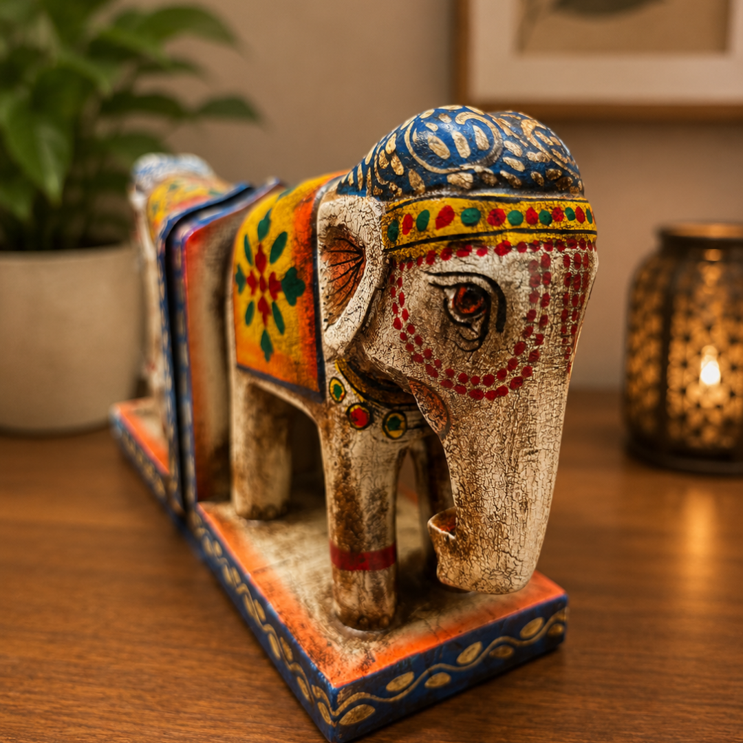 Anima Wooden Handmade Handpainted Jodhpuri Antique Elephant Book End Pair  White