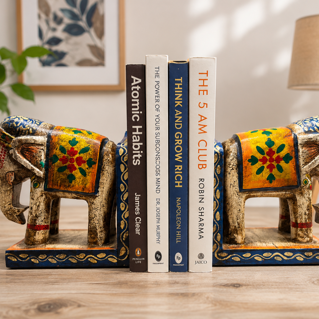 Anima Wooden Handmade Handpainted Jodhpuri Antique Elephant Book End Pair  White