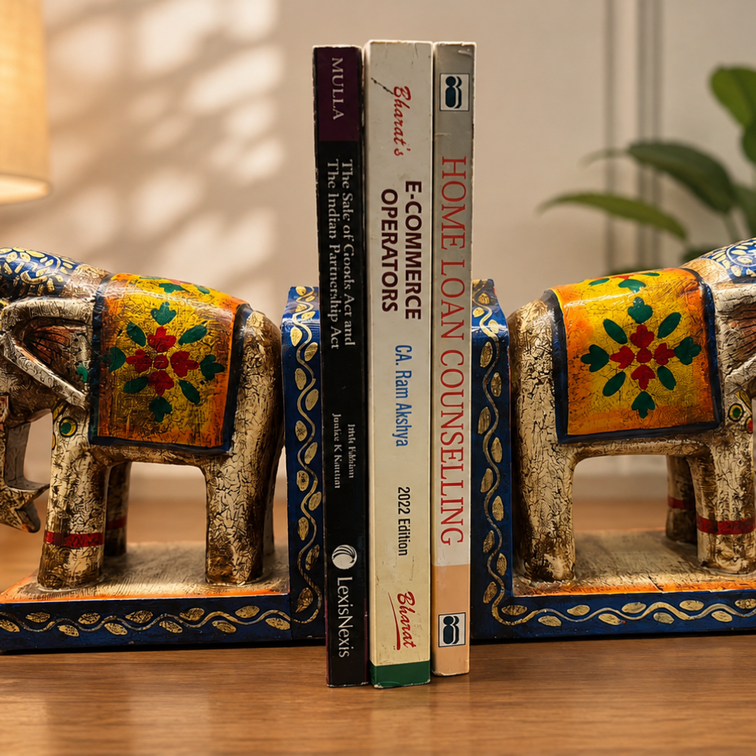 Anima Wooden Handmade Handpainted Jodhpuri Antique Elephant Book End Pair  White