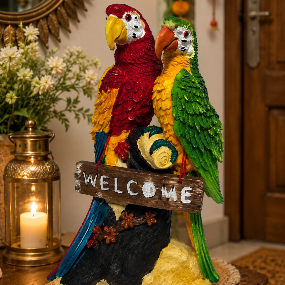 Anima Resin Handmade and Hand Painted Pair of Parrots for Welcome Matte